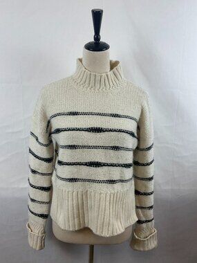 Veronica Beard Sweater S Cream Dark blue Stripe Mock Neck Long Sleeve